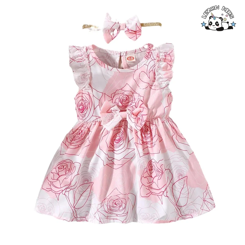 LEZONKIDS - Cotton Girls Dresses Pink Sweet Flower Girls' Dress Casual Baby Dress for Kids Girls Customized